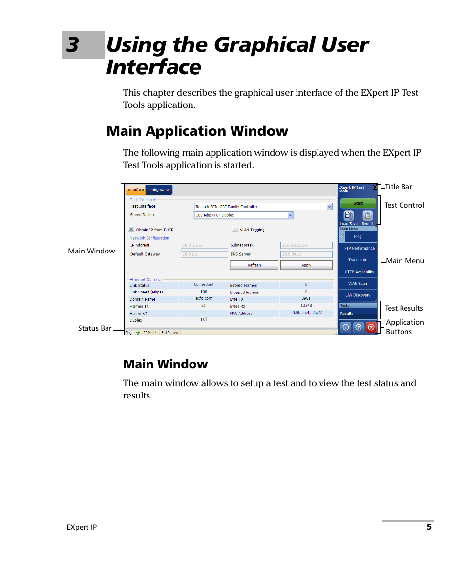3 using the graphical user interface, Main application window, 3using the graphical user interface | EXFO EXpert IP Test Tools User Manual | Page 11 / 62