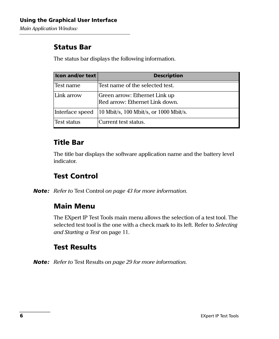 Status bar, Title bar, Test control | Main menu, Test results | EXFO EXpert IP Test Tools User Manual | Page 12 / 62
