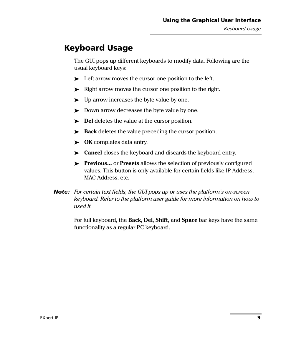 Keyboard usage | EXFO EXpert IP Test Tools User Manual | Page 15 / 62