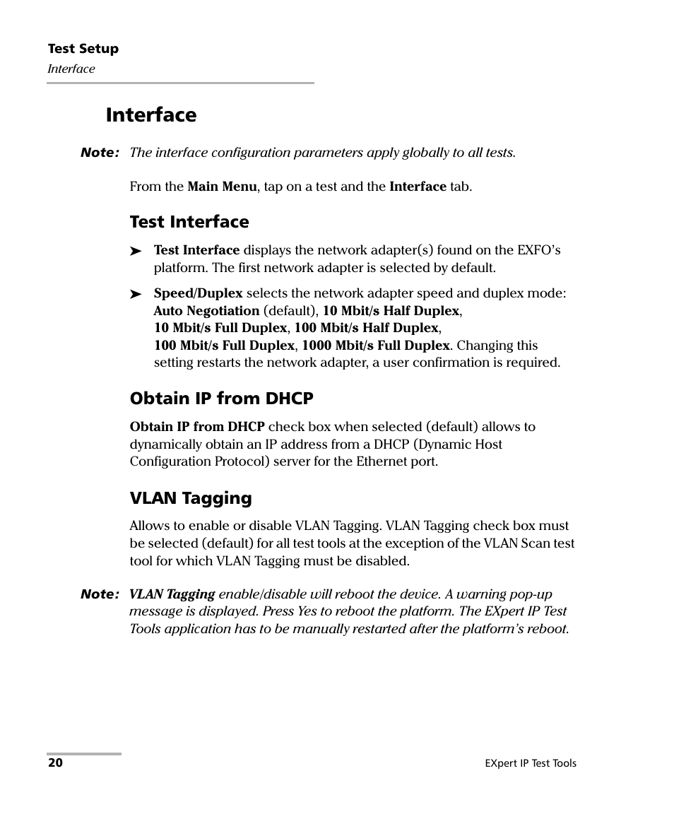 Interface, Test interface, Obtain ip from dhcp | Vlan tagging | EXFO EXpert IP Test Tools User Manual | Page 26 / 62