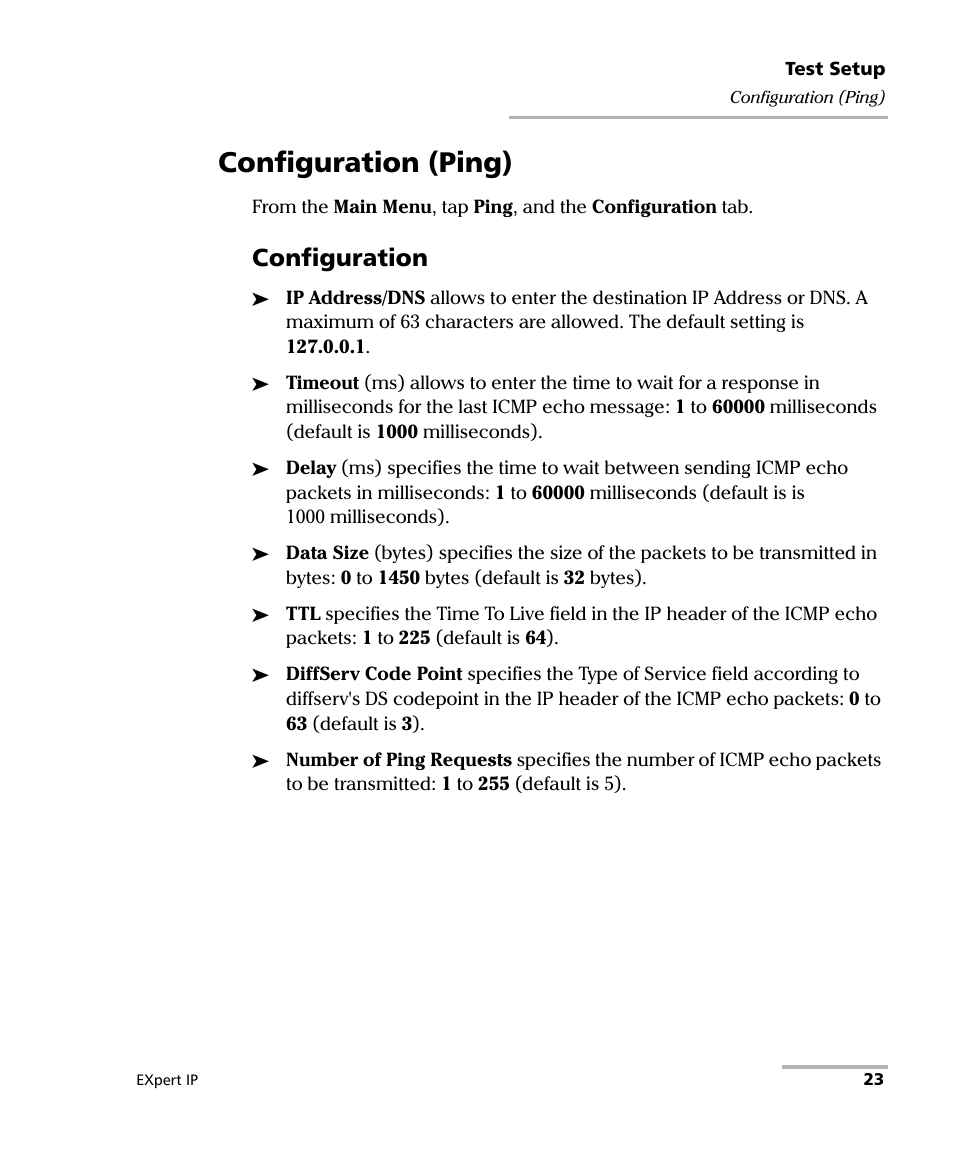 Configuration (ping), Configuration | EXFO EXpert IP Test Tools User Manual | Page 29 / 62