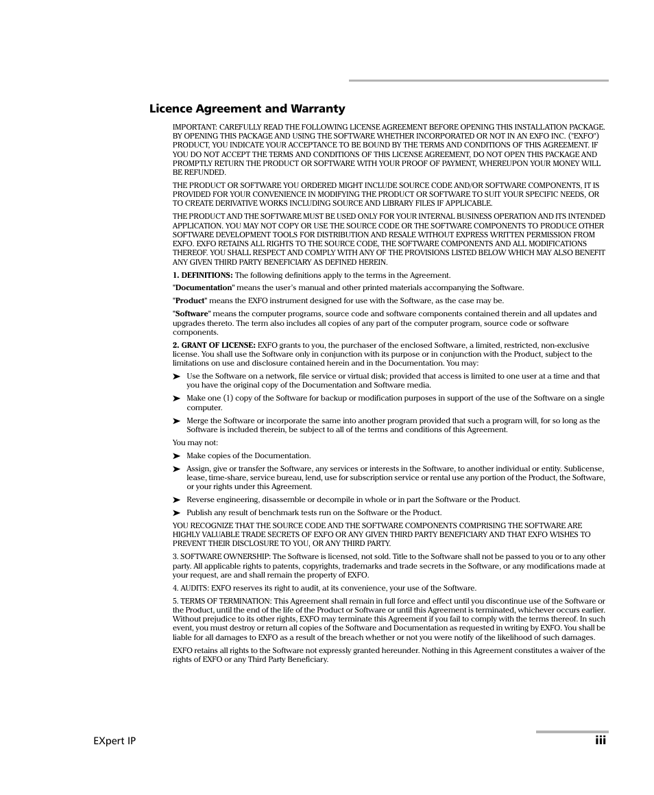 Iii licence agreement and warranty, Expert ip | EXFO EXpert IP Test Tools User Manual | Page 3 / 62