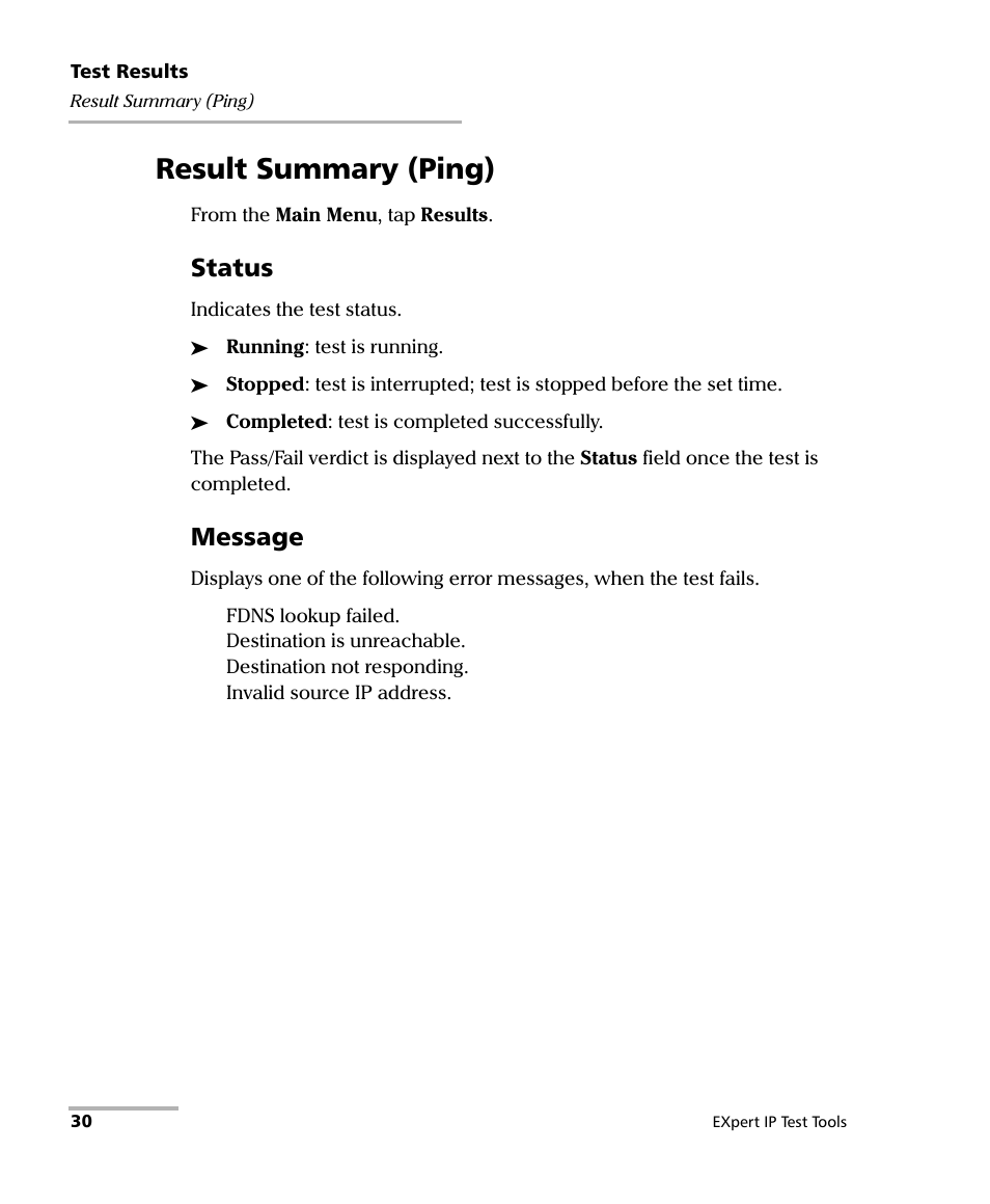 Result summary (ping), Status, Message | EXFO EXpert IP Test Tools User Manual | Page 36 / 62