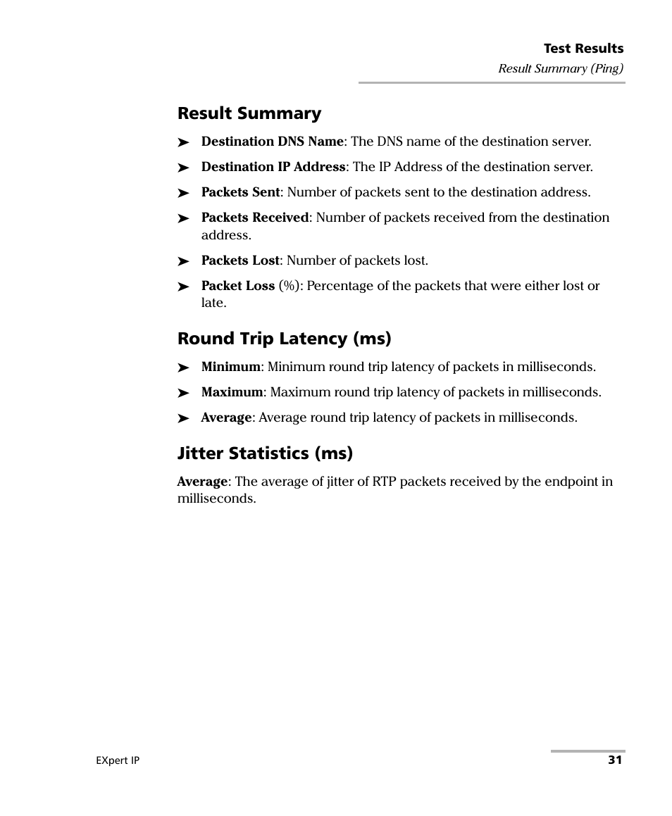 Result summary, Round trip latency (ms), Jitter statistics (ms) | EXFO EXpert IP Test Tools User Manual | Page 37 / 62