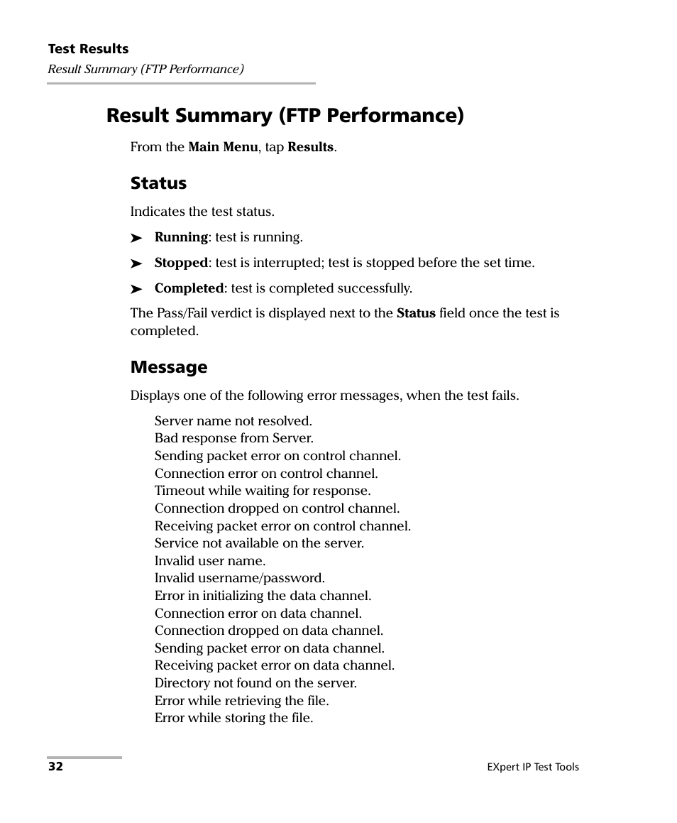 Result summary (ftp performance), Status, Message | EXFO EXpert IP Test Tools User Manual | Page 38 / 62