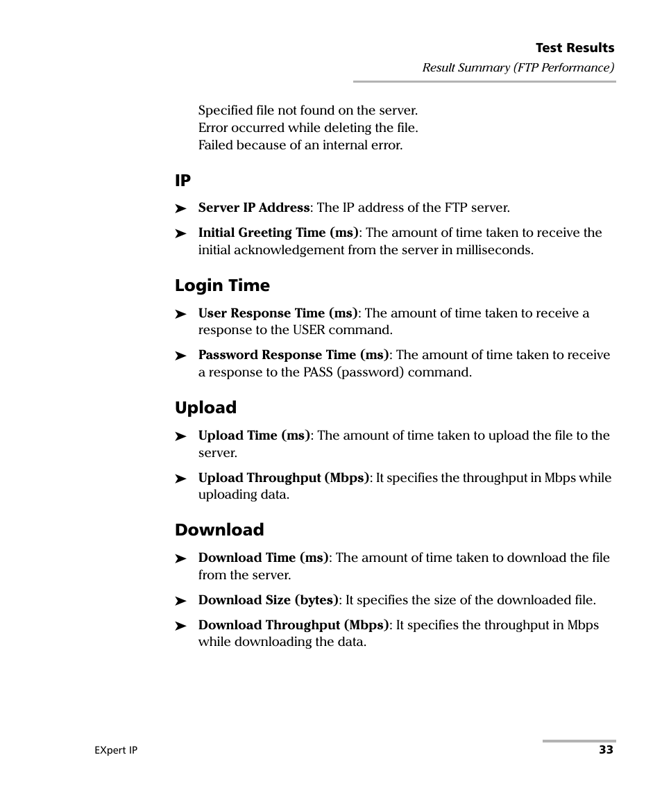 Login time, Upload, Download | EXFO EXpert IP Test Tools User Manual | Page 39 / 62