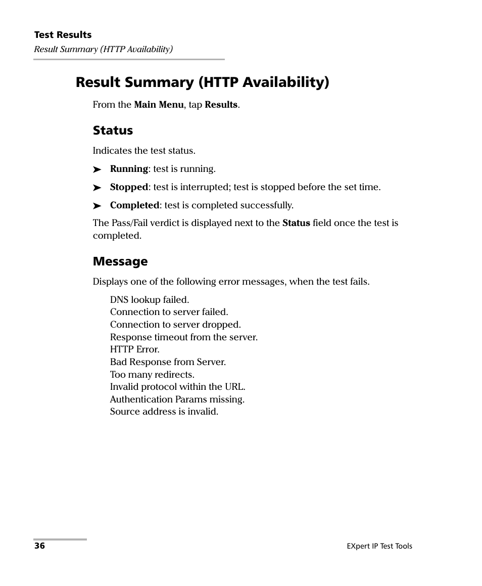 Result summary (http availability), Status, Message | EXFO EXpert IP Test Tools User Manual | Page 42 / 62