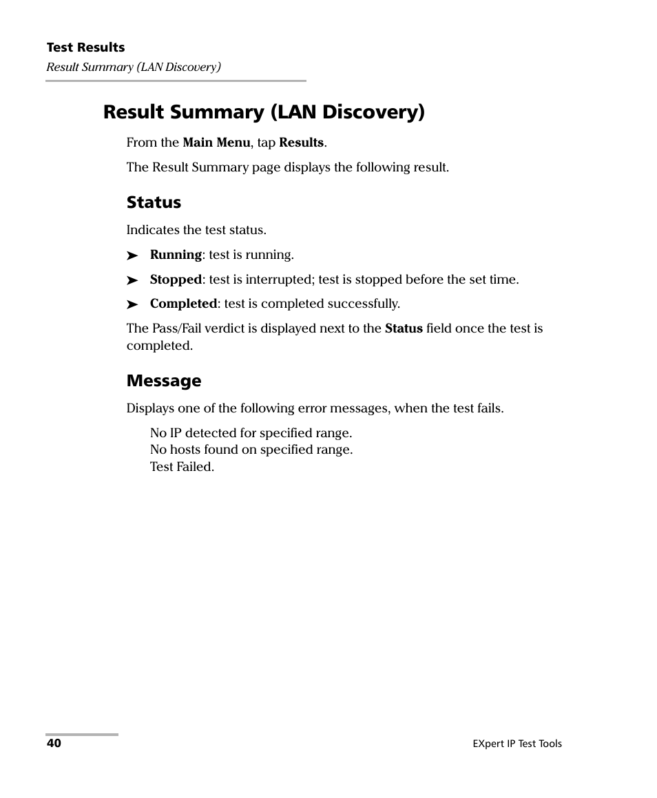 Result summary (lan discovery), Status, Message | EXFO EXpert IP Test Tools User Manual | Page 46 / 62