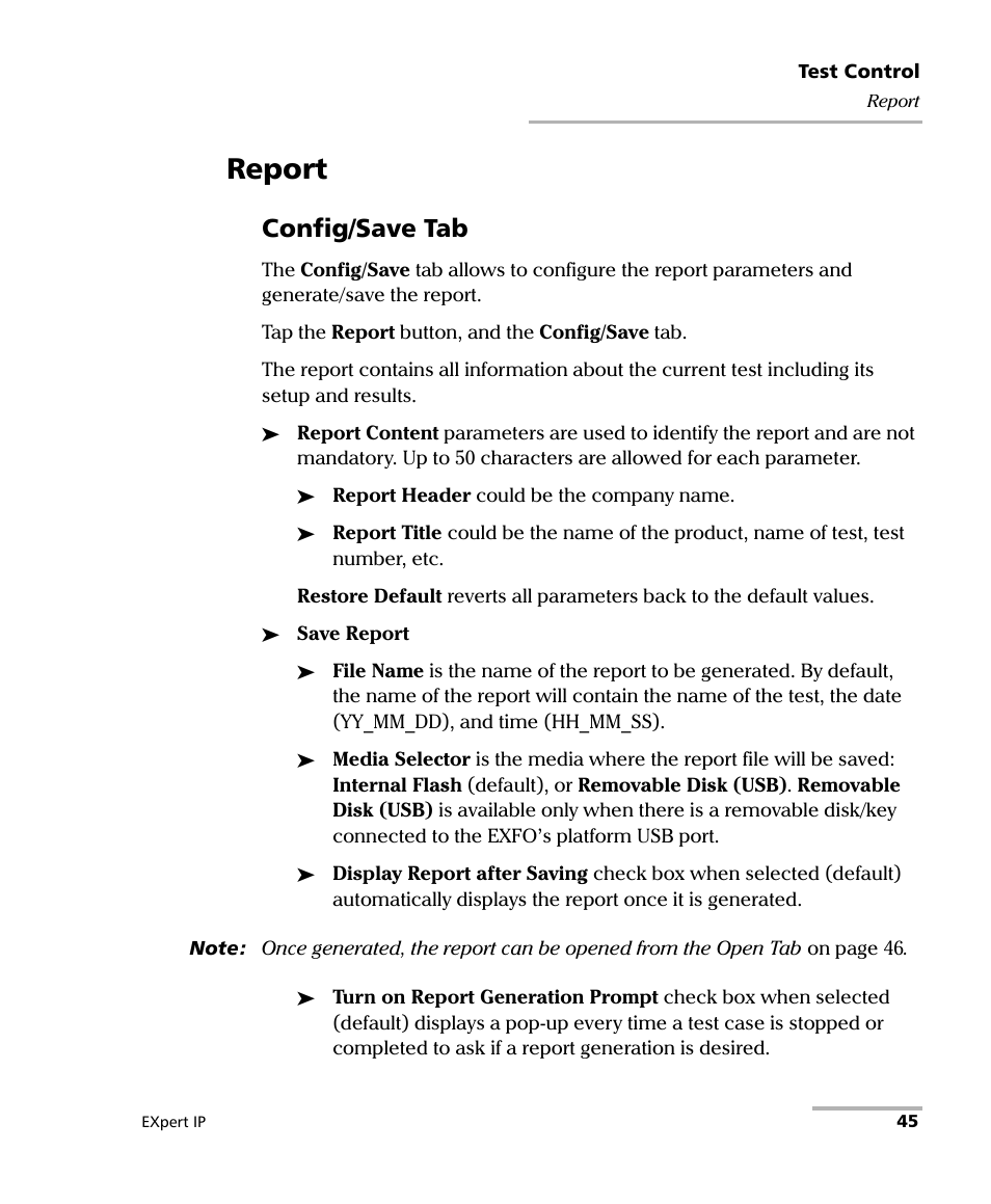 Report, Config/save tab | EXFO EXpert IP Test Tools User Manual | Page 51 / 62