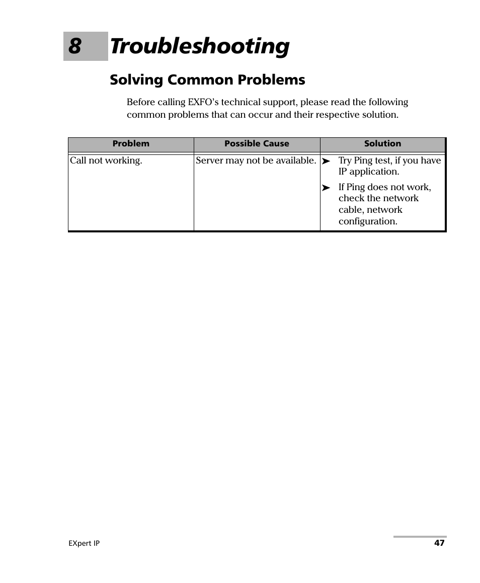 8 troubleshooting, Solving common problems, 8troubleshooting | EXFO EXpert IP Test Tools User Manual | Page 53 / 62