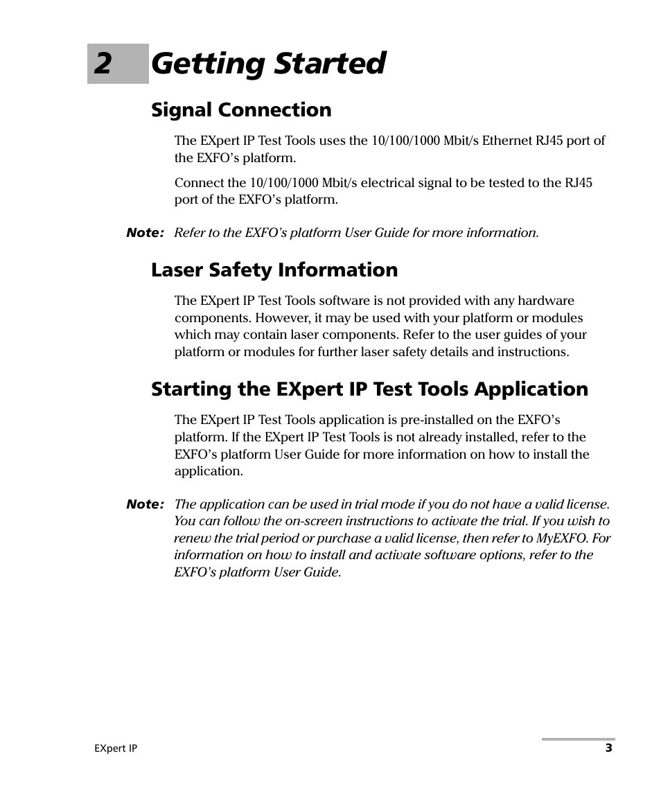 2 getting started, Signal connection, Laser safety information | Starting the expert ip test tools application, 2getting started | EXFO EXpert IP Test Tools User Manual | Page 9 / 62