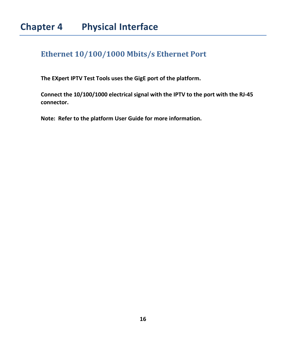 Ethernet 10/100/1000 mbits/s ethernet port, Chapter 4 physical interface, Thernet | Bits | EXFO EXpert IPTV Test Tools (FTB-1 / 2 Pro) User Manual | Page 16 / 82