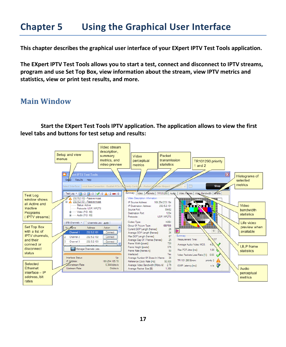 Main window, Chapter 5 using the graphical user interface, Indow | EXFO EXpert IPTV Test Tools (FTB-1 / 2 Pro) User Manual | Page 17 / 82