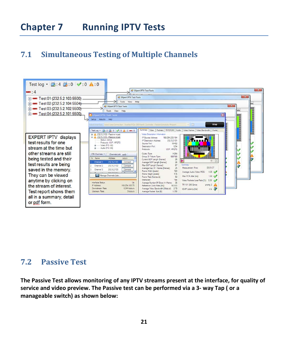 1 simultaneous testing of multiple channels, 2 passive test, Chapter 7 running iptv tests | Imultaneous, Esting of, Ultiple, Hannels, Assive | EXFO EXpert IPTV Test Tools (FTB-1 / 2 Pro) User Manual | Page 21 / 82