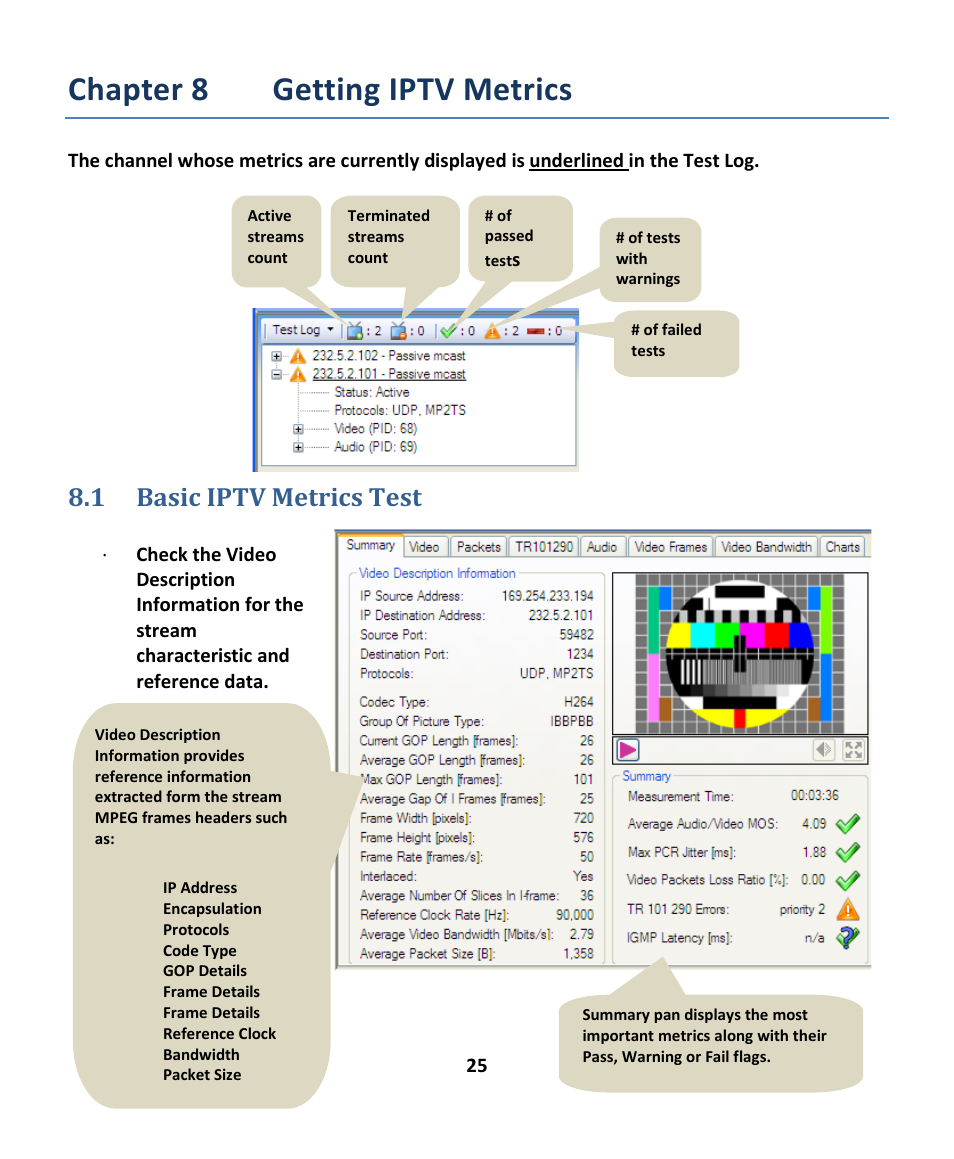 1 basic iptv metrics test, Chapter 8 getting iptv metrics, Asic | Iptv, Etrics | EXFO EXpert IPTV Test Tools (FTB-1 / 2 Pro) User Manual | Page 25 / 82
