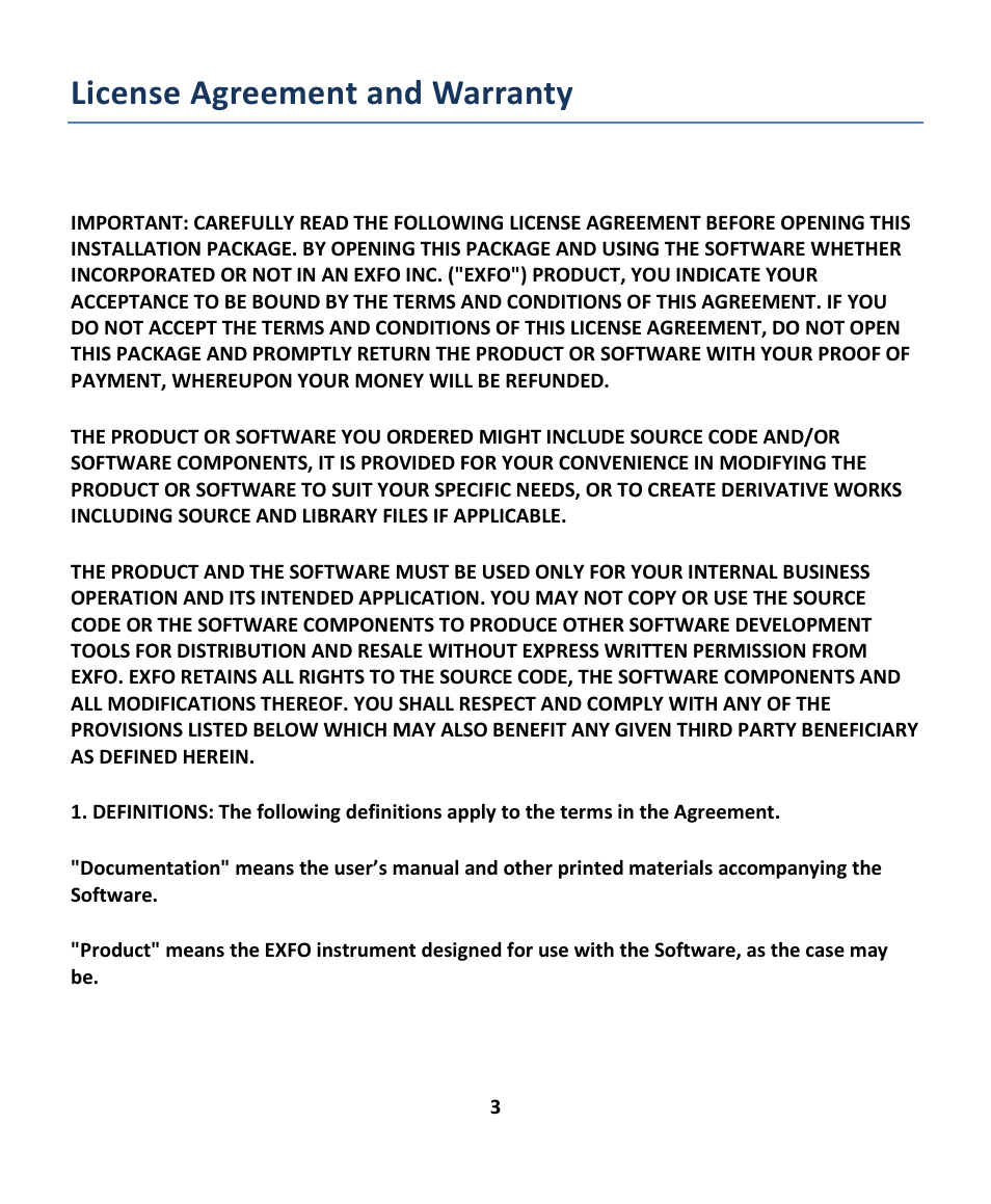 License agreement and warranty | EXFO EXpert IPTV Test Tools (FTB-1 / 2 Pro) User Manual | Page 3 / 82