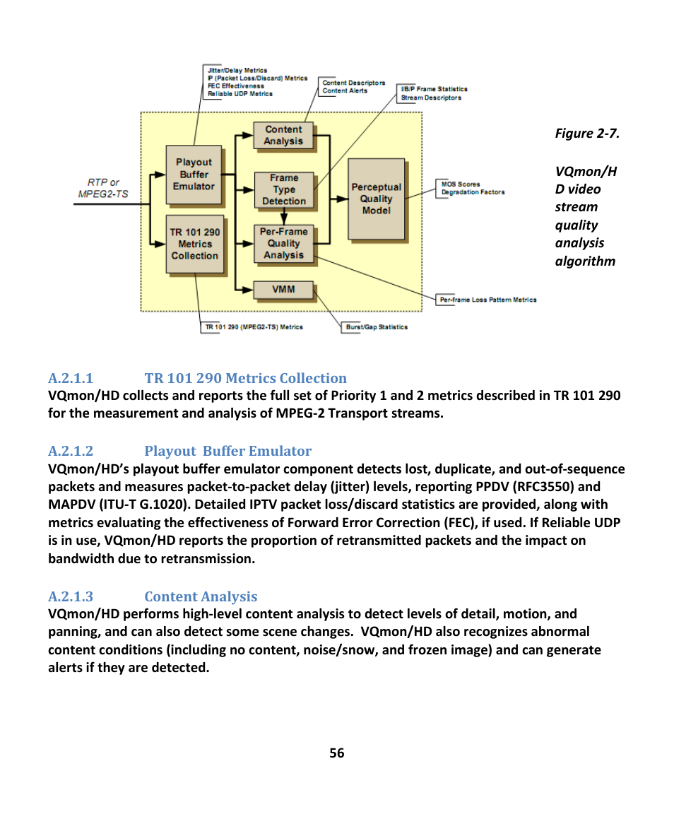 A.2.1.1 tr 101 290 metrics collection, A.2.1.2 playout buffer emulator, A.2.1.3 content analysis | EXFO EXpert IPTV Test Tools (FTB-1 / 2 Pro) User Manual | Page 56 / 82