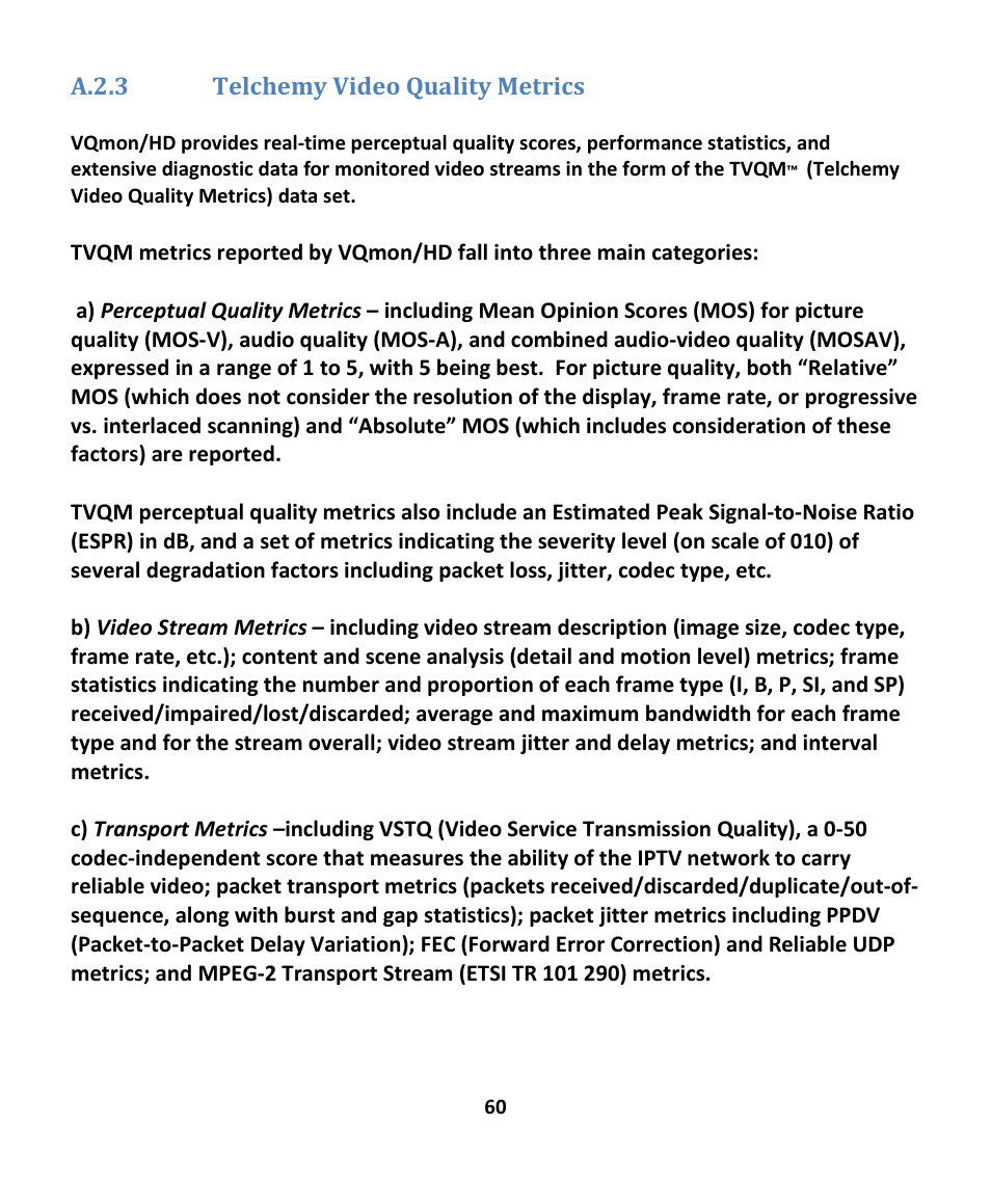 A.2.3 telchemy video quality metrics, A.2.3, Elchemy | Ideo, Uality, Etrics | EXFO EXpert IPTV Test Tools (FTB-1 / 2 Pro) User Manual | Page 60 / 82
