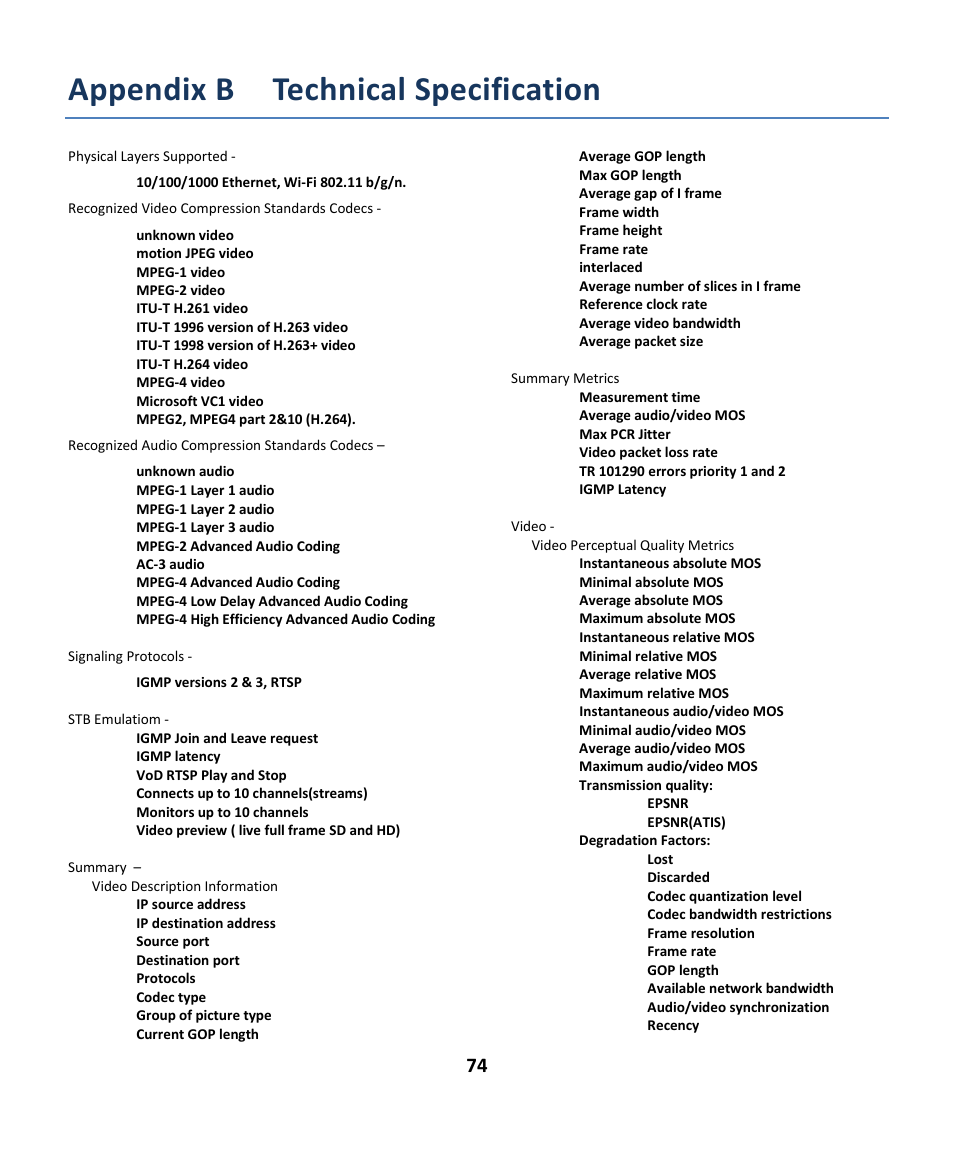 Appendix b technical specification | EXFO EXpert IPTV Test Tools (FTB-1 / 2 Pro) User Manual | Page 74 / 82