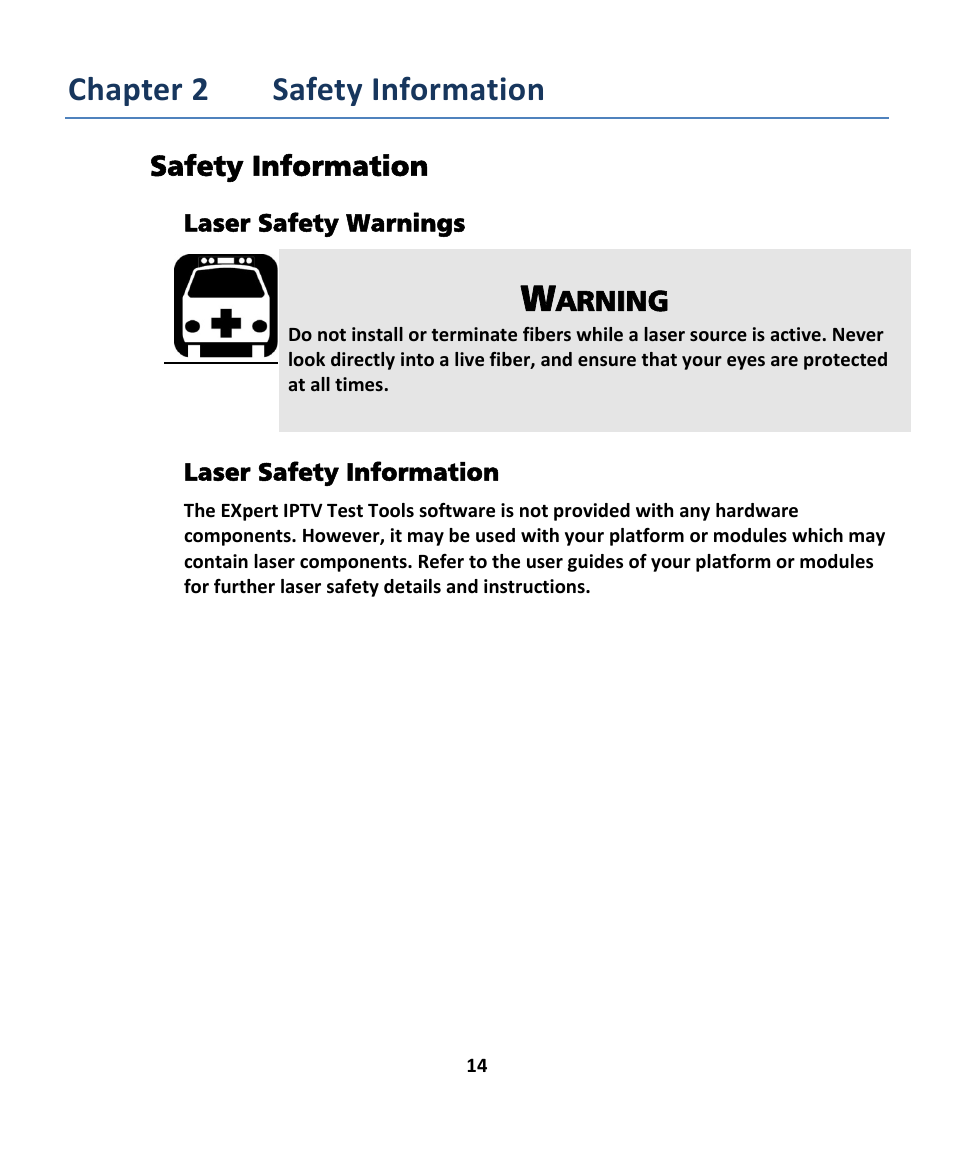 Chapter 2 safety information | EXFO EXpert IPTV Test Tools (FTB-200v2) User Manual | Page 14 / 82