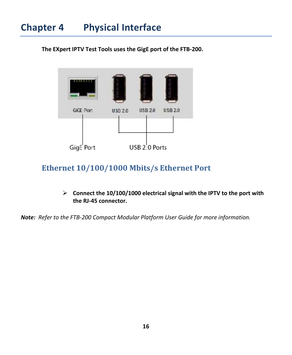 Chapter 4 physical interface | EXFO EXpert IPTV Test Tools (FTB-200v2) User Manual | Page 16 / 82