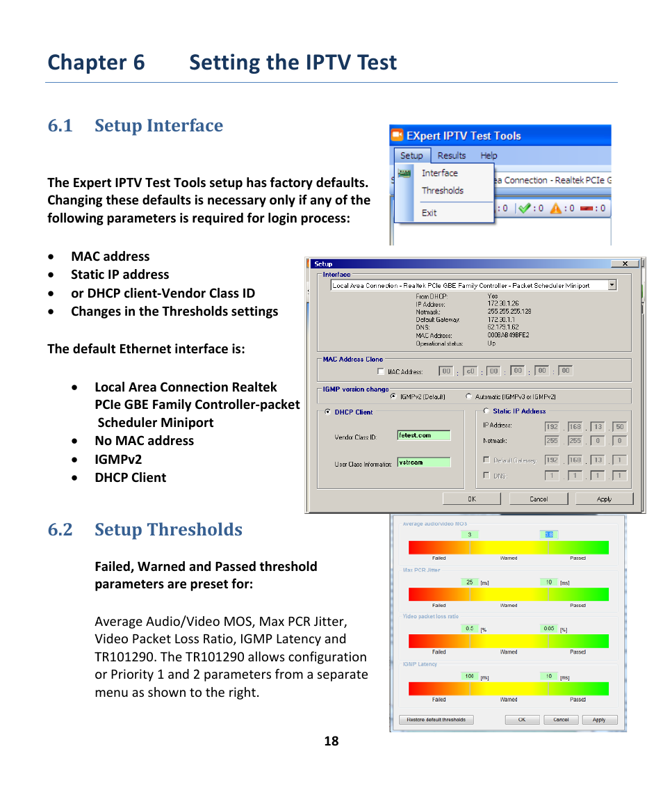 Chap, Ter 6 s, Setting the | E iptv tes, Setup interf, Setup thres, Face, Sholds | EXFO EXpert IPTV Test Tools (FTB-200v2) User Manual | Page 18 / 82