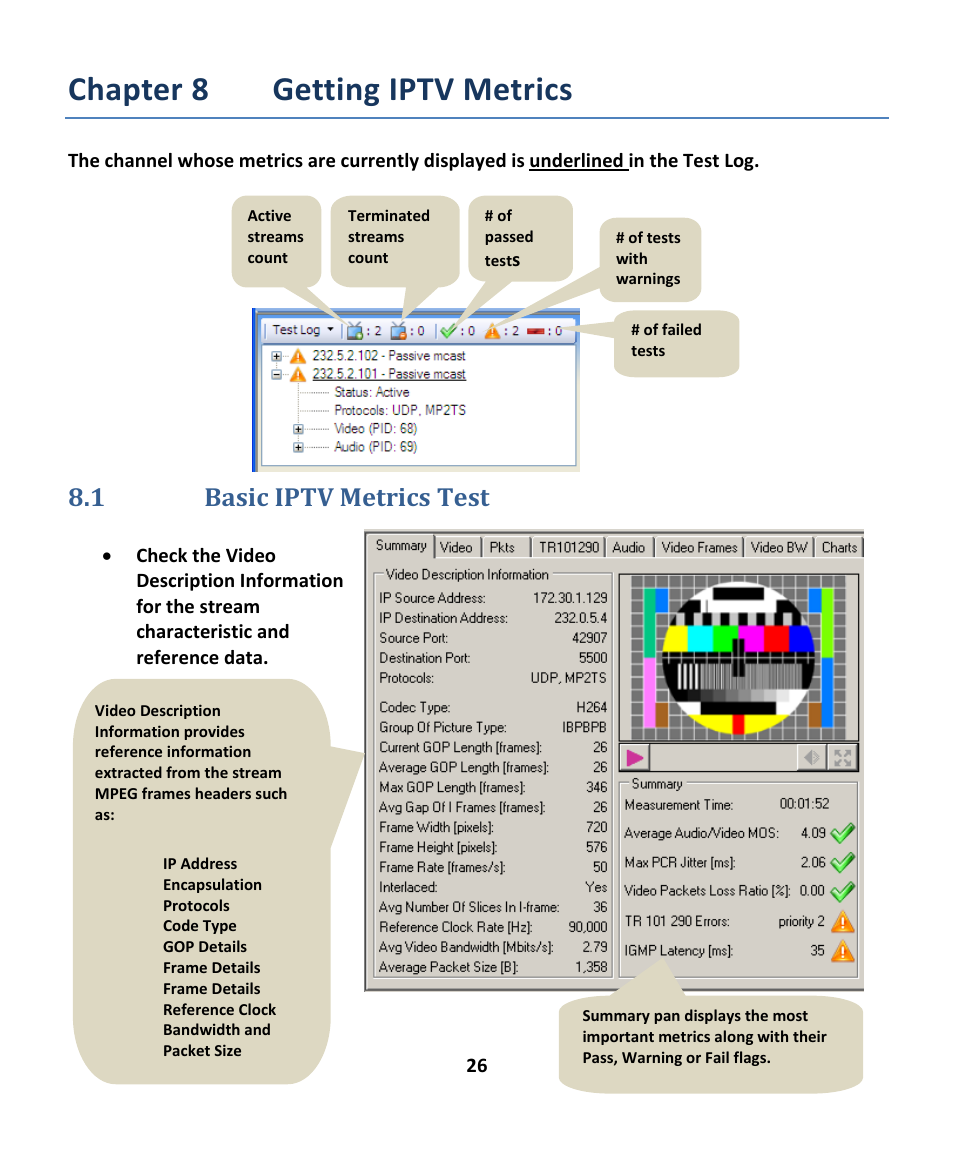 Chapter 8 getting iptv metrics, 1 basic iptv metrics test | EXFO EXpert IPTV Test Tools (FTB-200v2) User Manual | Page 26 / 82