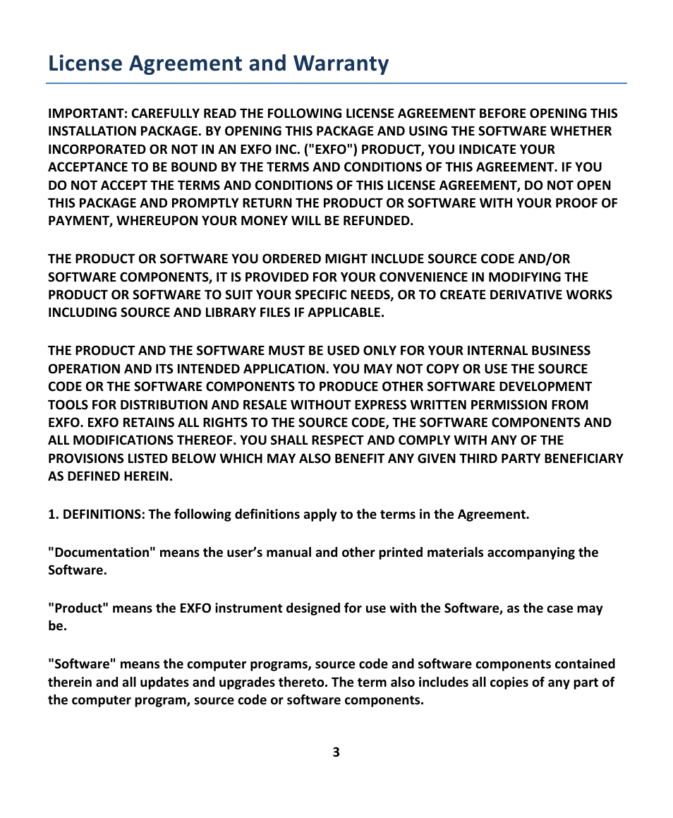 License agreement and warranty | EXFO EXpert IPTV Test Tools (FTB-200v2) User Manual | Page 3 / 82