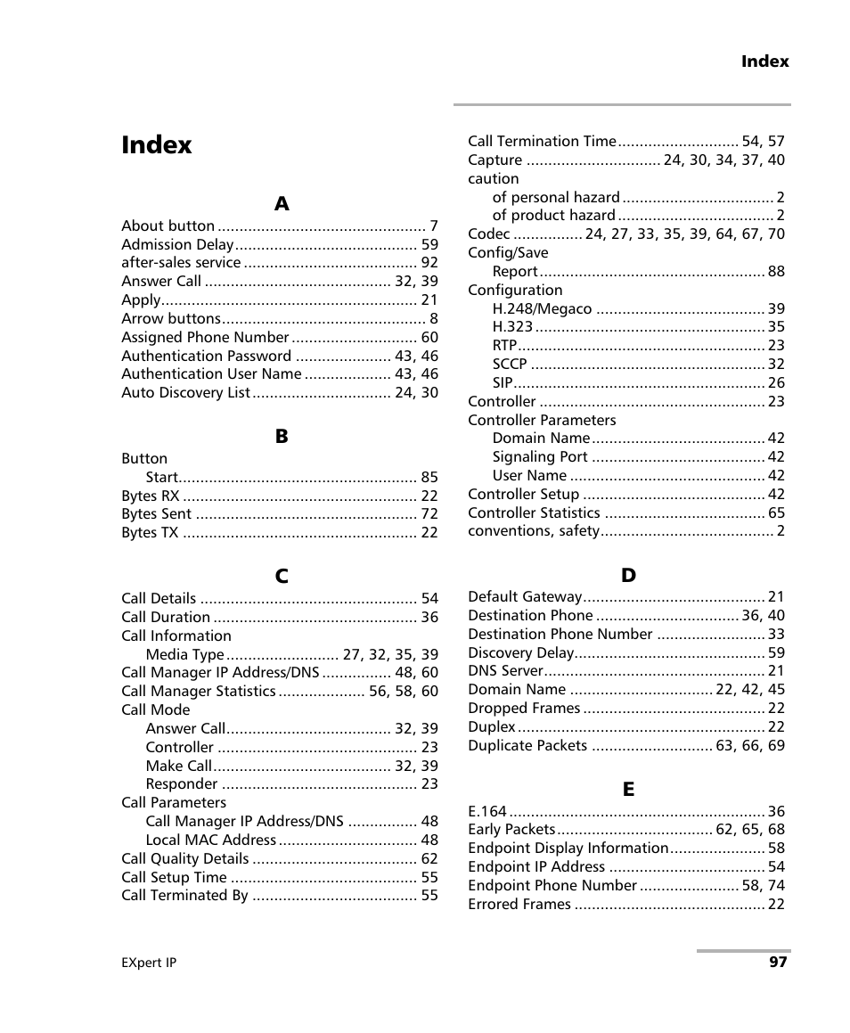 Index | EXFO EXpert VoIP Test Tools User Manual | Page 103 / 107
