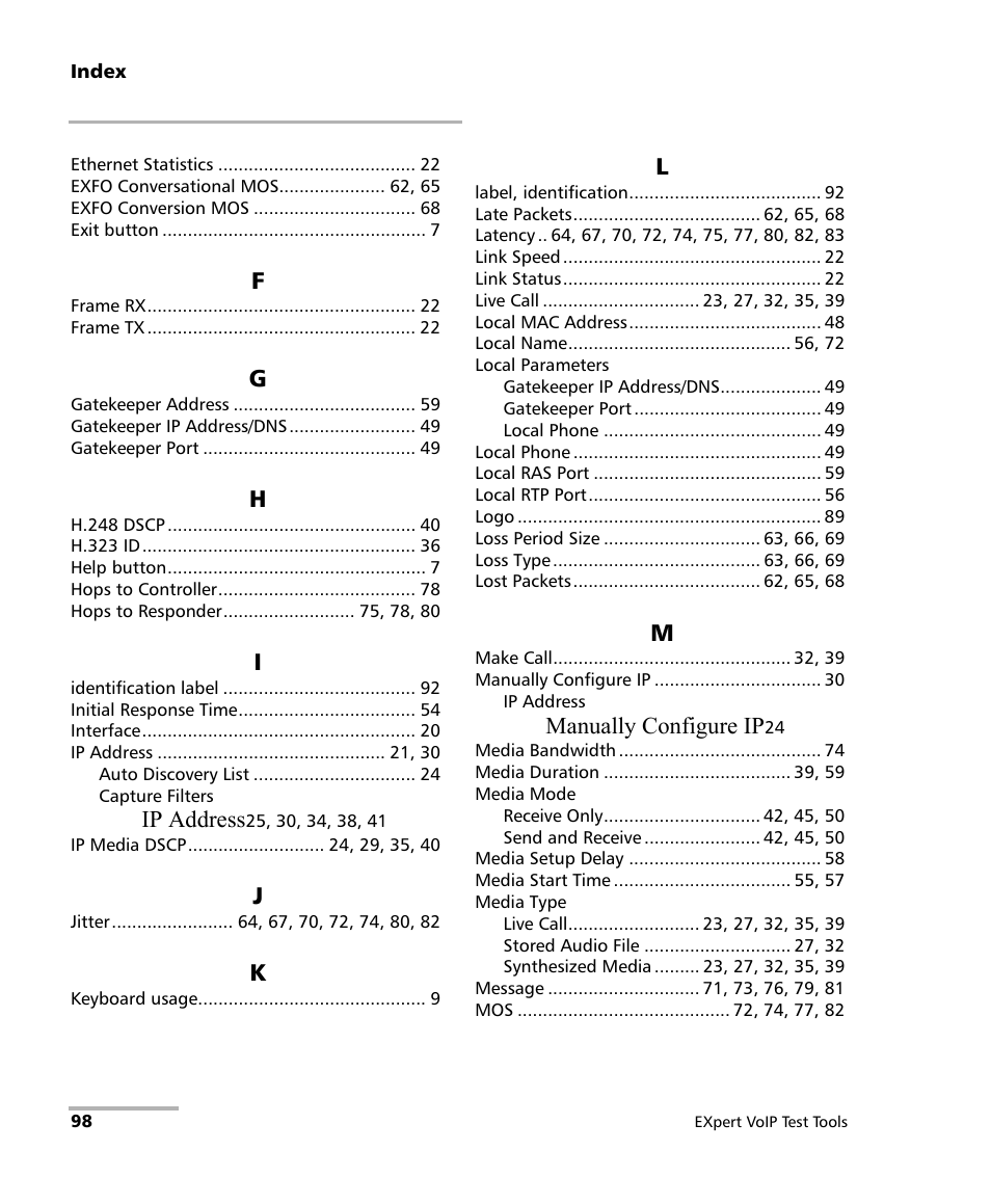 Ip address, Manually configure ip | EXFO EXpert VoIP Test Tools User Manual | Page 104 / 107