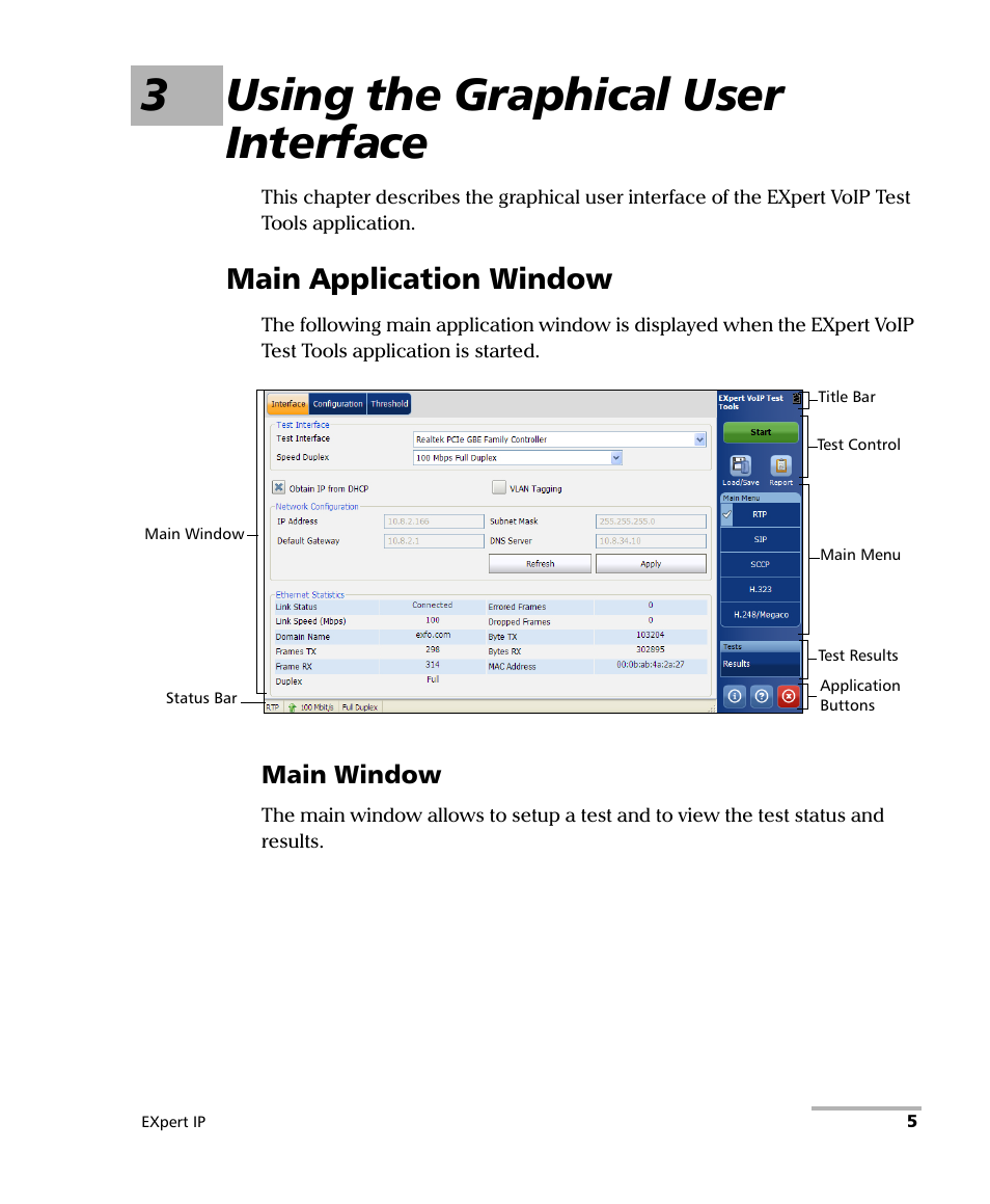 3 using the graphical user interface, Main application window, 3using the graphical user interface | EXFO EXpert VoIP Test Tools User Manual | Page 11 / 107