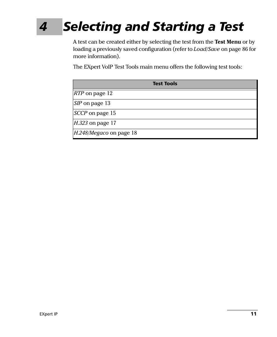 4 selecting and starting a test, 4selecting and starting a test | EXFO EXpert VoIP Test Tools User Manual | Page 17 / 107