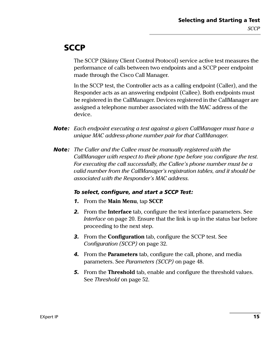 Sccp | EXFO EXpert VoIP Test Tools User Manual | Page 21 / 107