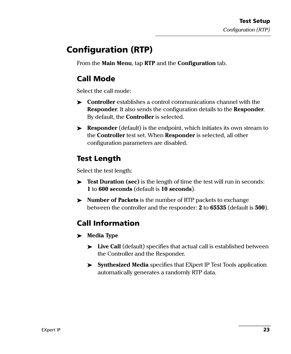 Configuration (rtp), See configuration, Configuration 23 | Call mode, Test length, Call information | EXFO EXpert VoIP Test Tools User Manual | Page 29 / 107