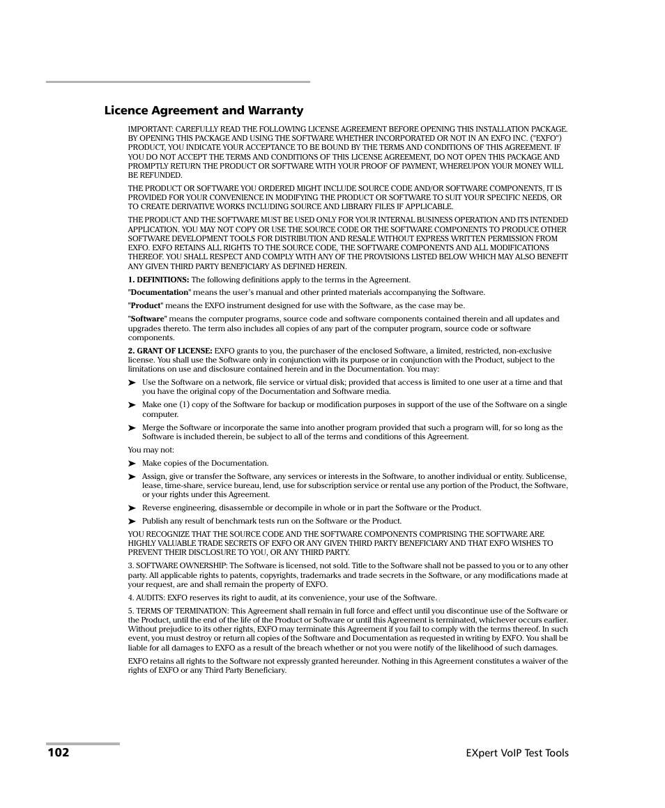 Licence agreement and warranty, Expert voip test tools | EXFO EXpert VoIP Test Tools User Manual | Page 3 / 107