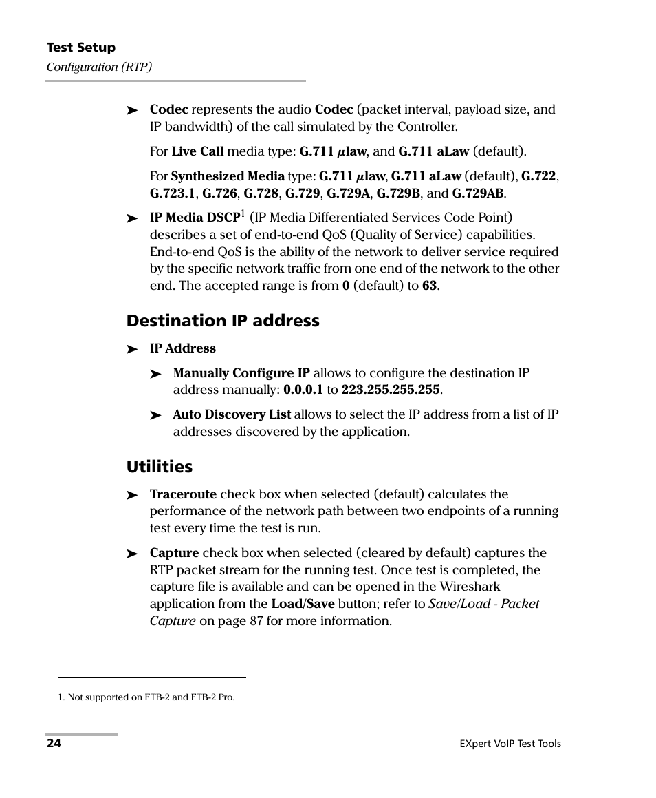 Destination ip address, Utilities | EXFO EXpert VoIP Test Tools User Manual | Page 30 / 107