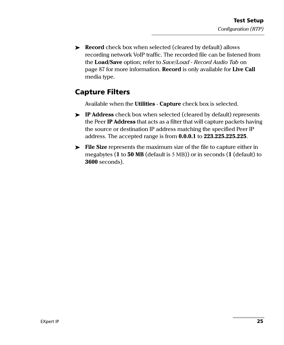 Capture filters | EXFO EXpert VoIP Test Tools User Manual | Page 31 / 107