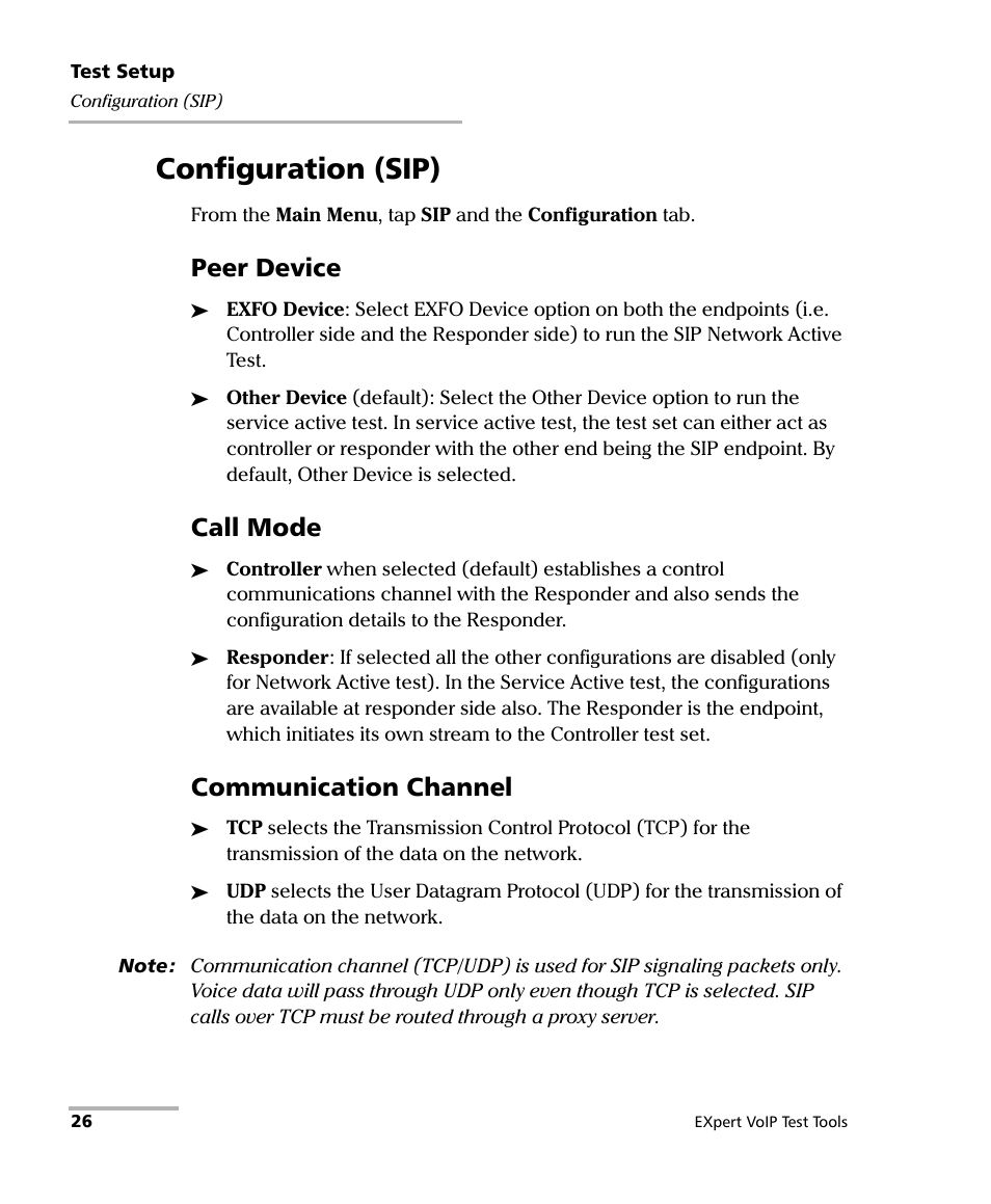 Configuration (sip), Configuration, Peer device | Call mode, Communication channel | EXFO EXpert VoIP Test Tools User Manual | Page 32 / 107