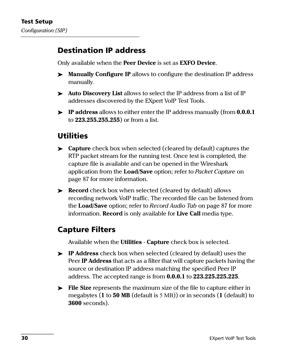 Destination ip address, Utilities, Capture filters | EXFO EXpert VoIP Test Tools User Manual | Page 36 / 107