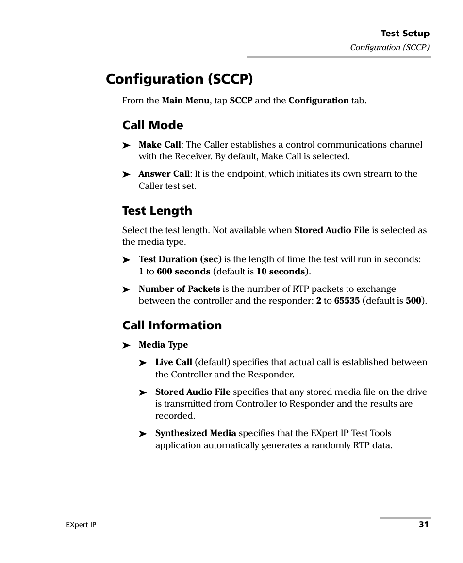 Configuration (sccp), Call mode, Test length | Call information | EXFO EXpert VoIP Test Tools User Manual | Page 37 / 107