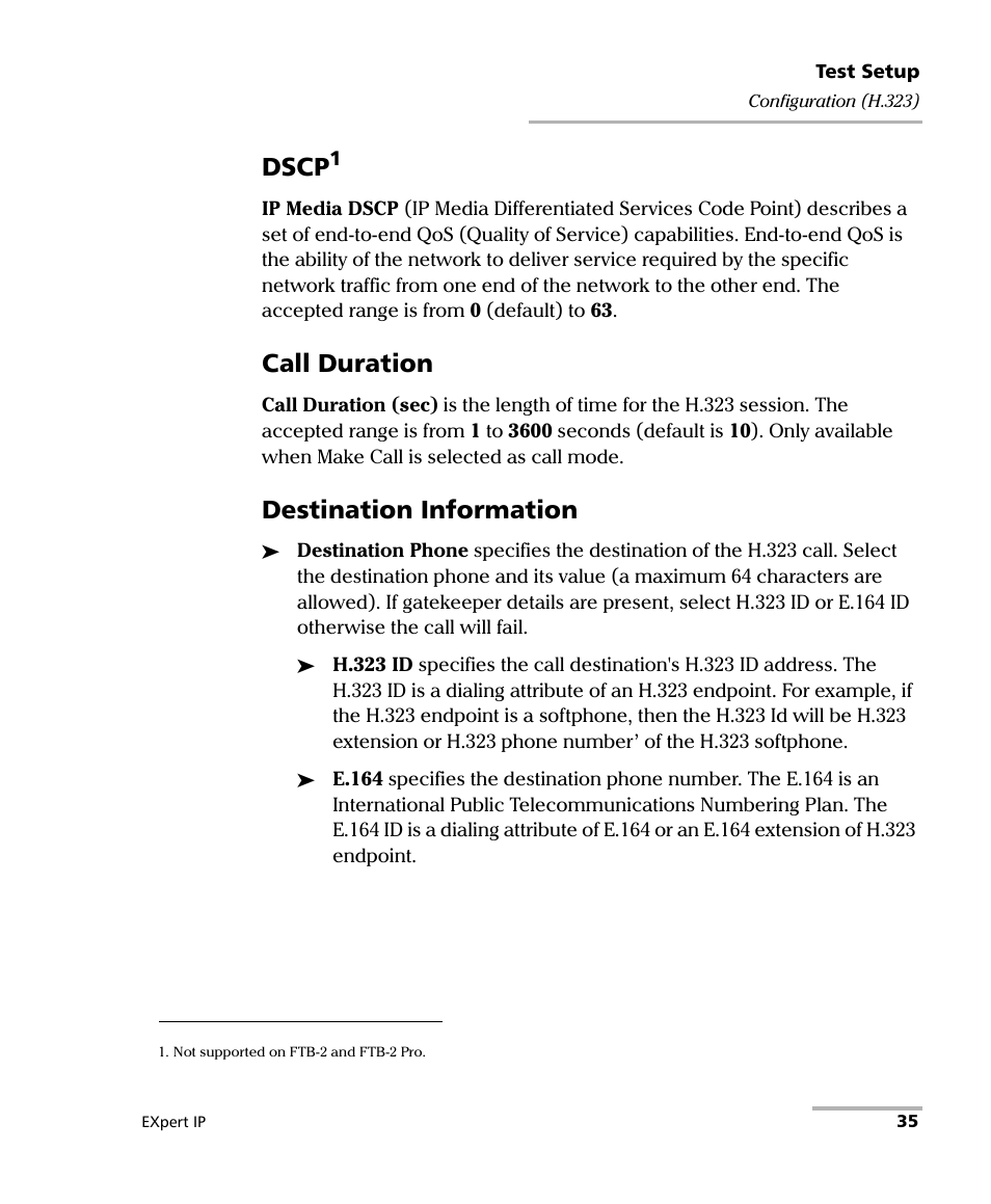 Dscp, Call duration, Destination information | EXFO EXpert VoIP Test Tools User Manual | Page 41 / 107