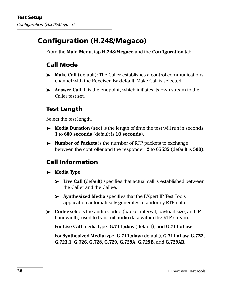 Configuration (h.248/megaco), Call mode, Test length | Call information | EXFO EXpert VoIP Test Tools User Manual | Page 44 / 107