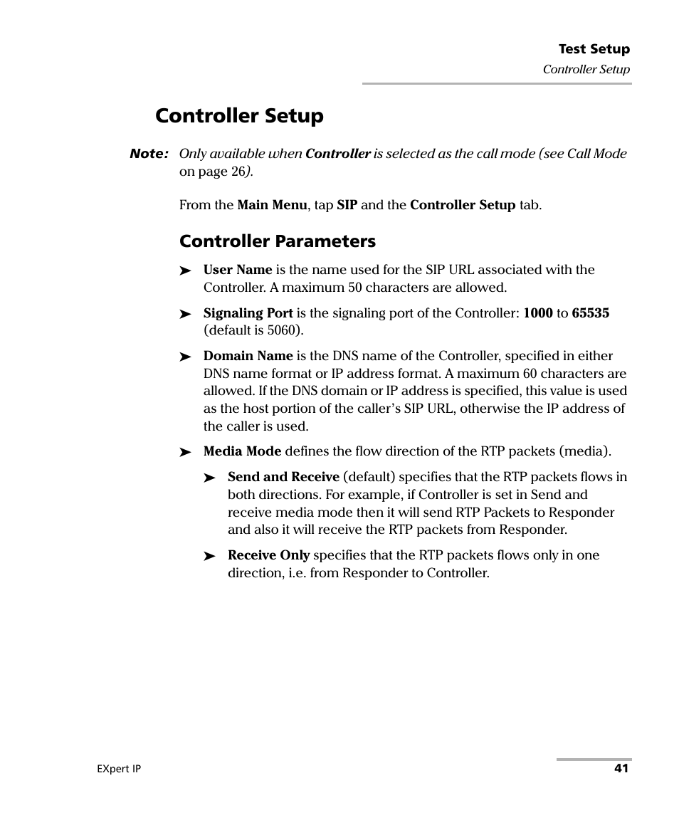 Controller setup, Controller parameters | EXFO EXpert VoIP Test Tools User Manual | Page 47 / 107