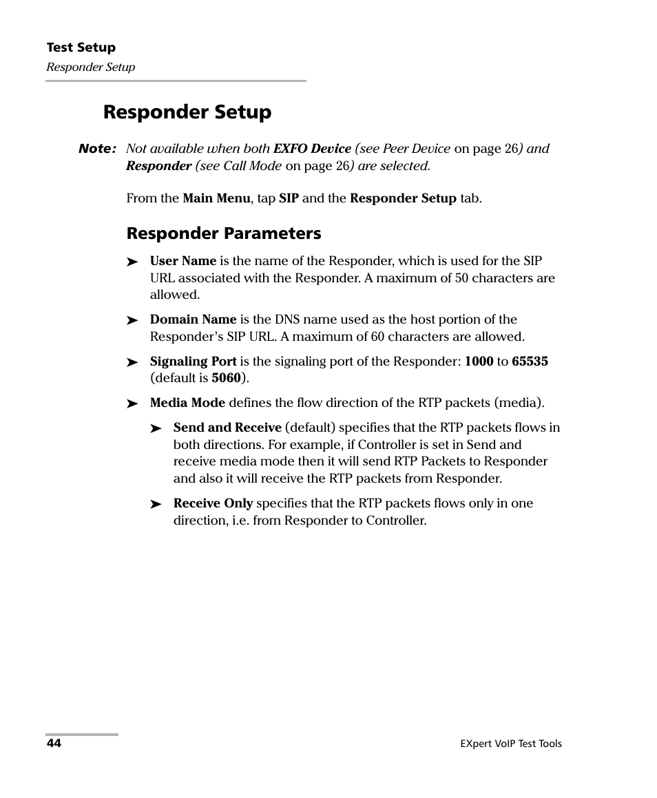 Responder setup, Responder parameters | EXFO EXpert VoIP Test Tools User Manual | Page 50 / 107