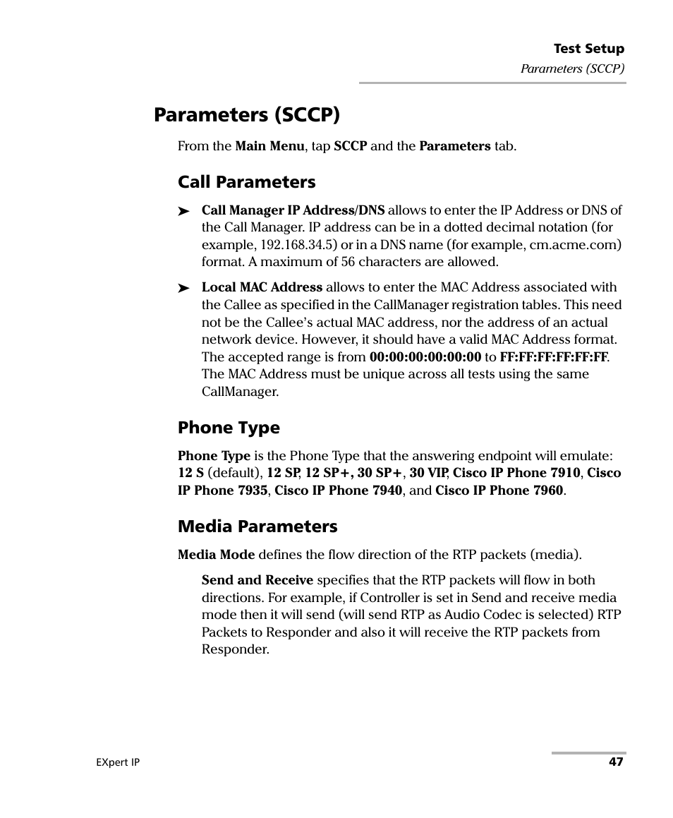 Parameters (sccp), Rameters 48, Call parameters | Phone type, Media parameters | EXFO EXpert VoIP Test Tools User Manual | Page 53 / 107