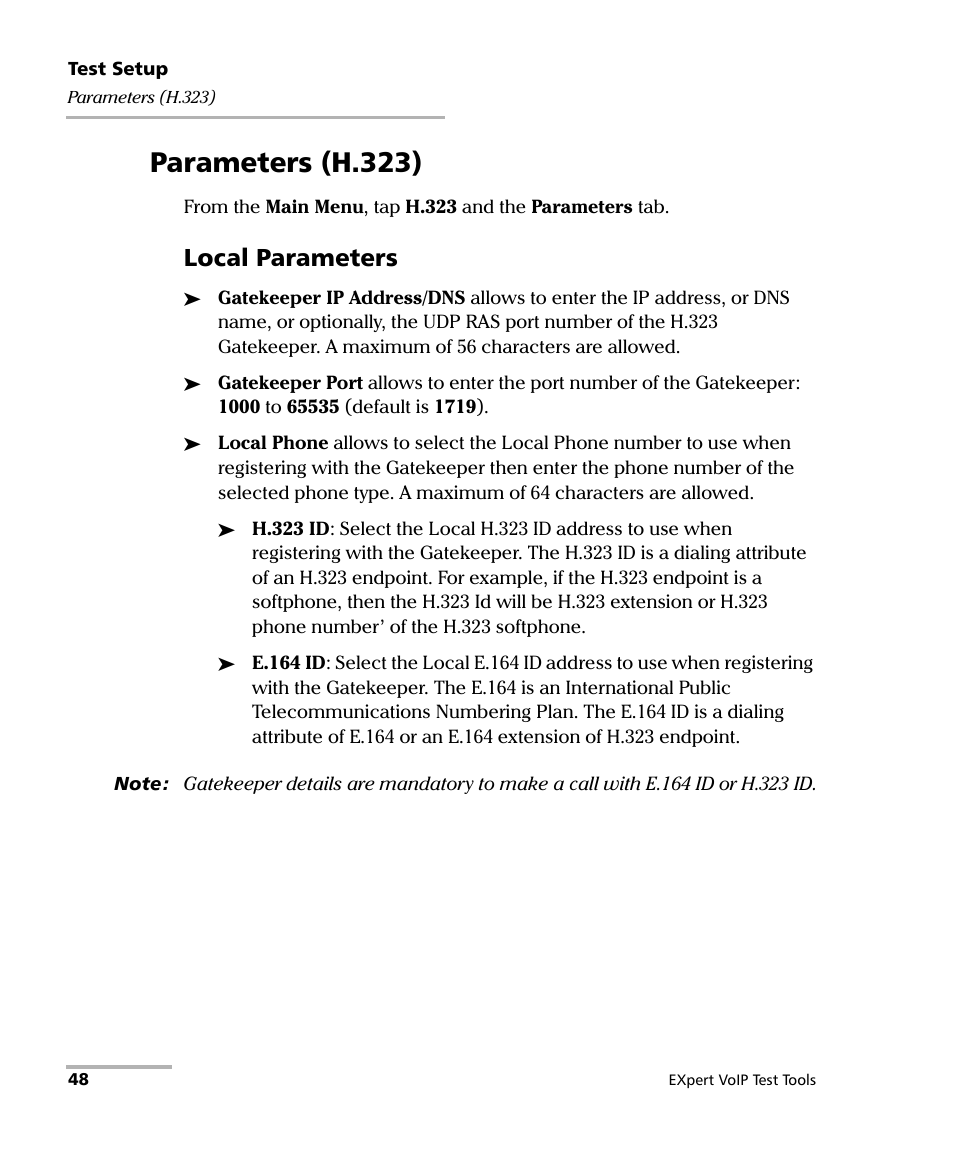 Parameters (h.323), Local parameters | EXFO EXpert VoIP Test Tools User Manual | Page 54 / 107