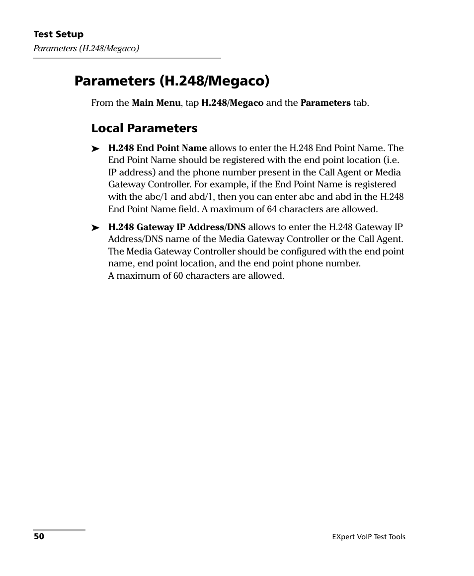 Parameters (h.248/megaco), Local parameters | EXFO EXpert VoIP Test Tools User Manual | Page 56 / 107