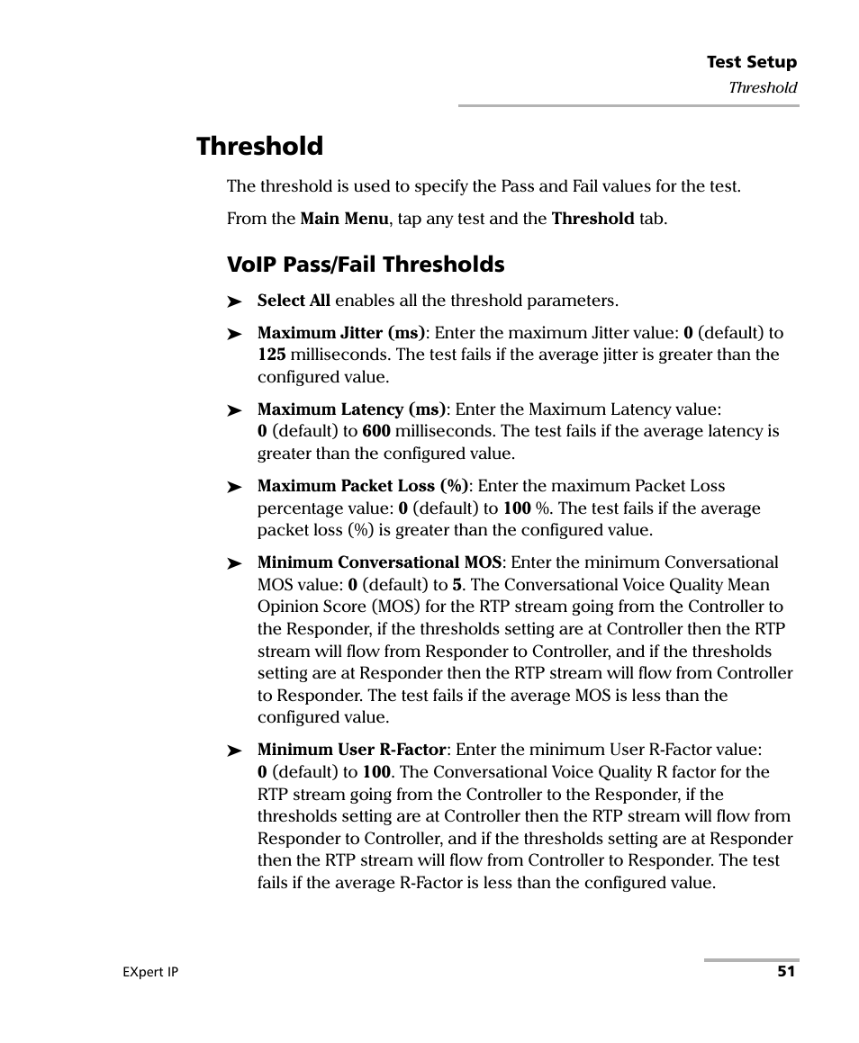 Threshold, Voip pass/fail thresholds | EXFO EXpert VoIP Test Tools User Manual | Page 57 / 107