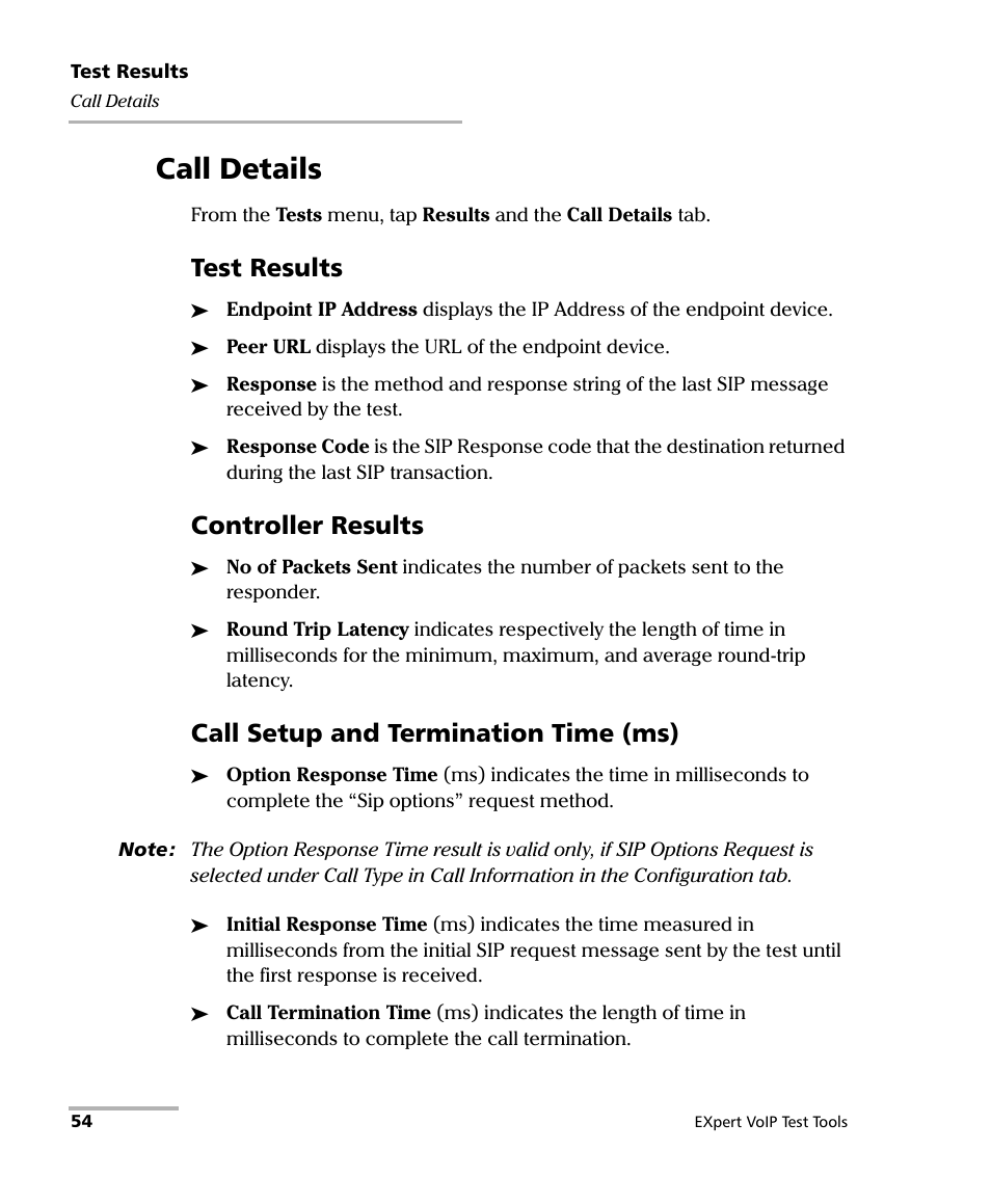 Call details, Test results, Controller results | Call setup and termination time (ms) | EXFO EXpert VoIP Test Tools User Manual | Page 60 / 107