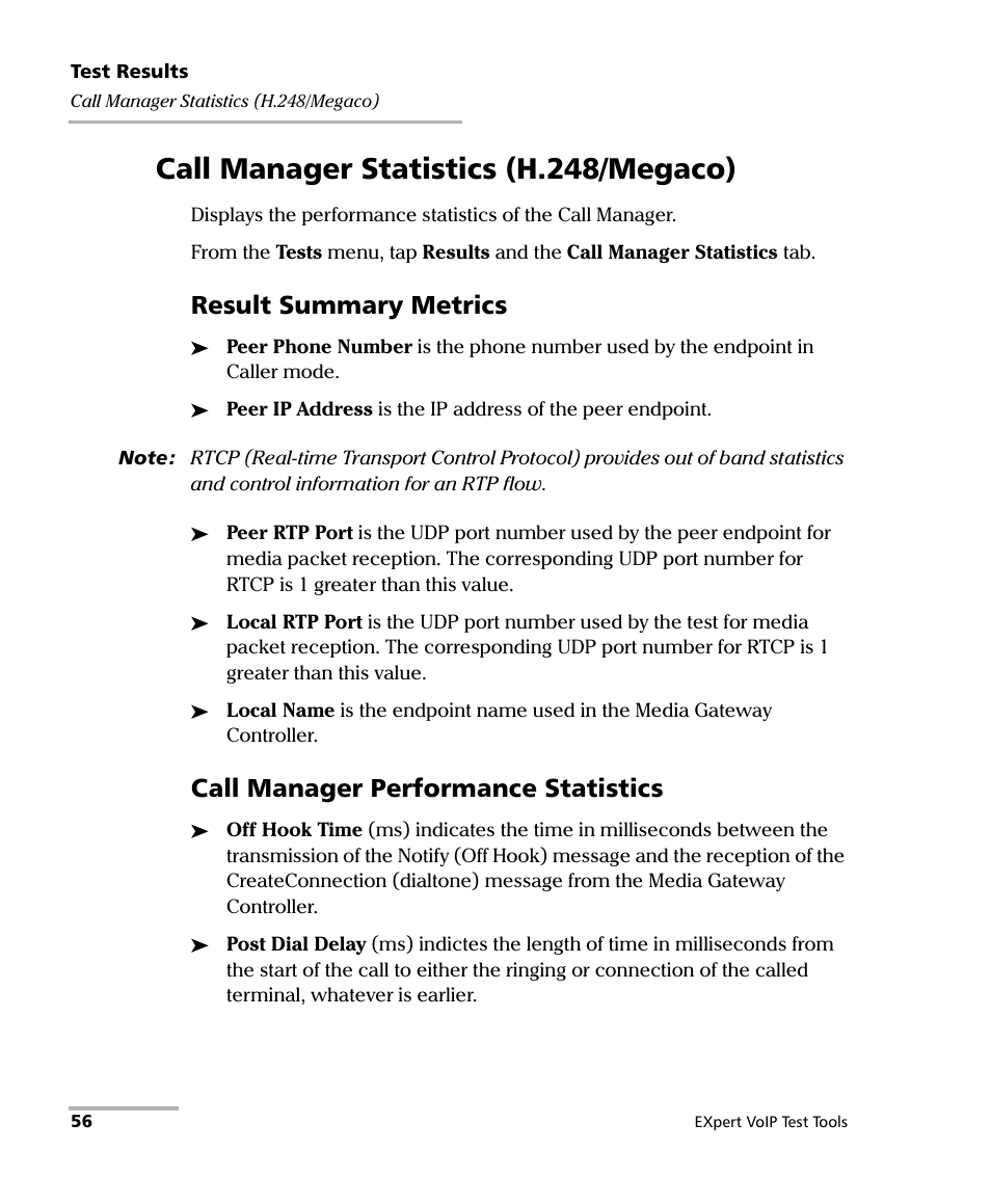 Call manager statistics (h.248/megaco), Result summary metrics, Call manager performance statistics | EXFO EXpert VoIP Test Tools User Manual | Page 62 / 107